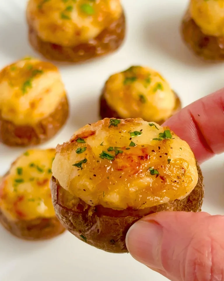 French onion potato bites made with roasted baby potatoes, caramelized onions, and melted Gruyère cheese. Recipe by Sweet Basil Catering NYC.